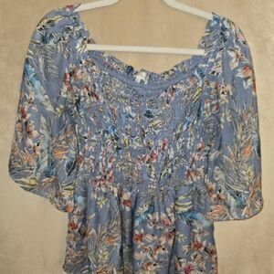 Chenault Blue Floral Smocked Peasant Blouse